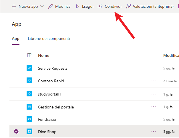 Screenshot dell'opzione Condividi sulla barra dei comandi.