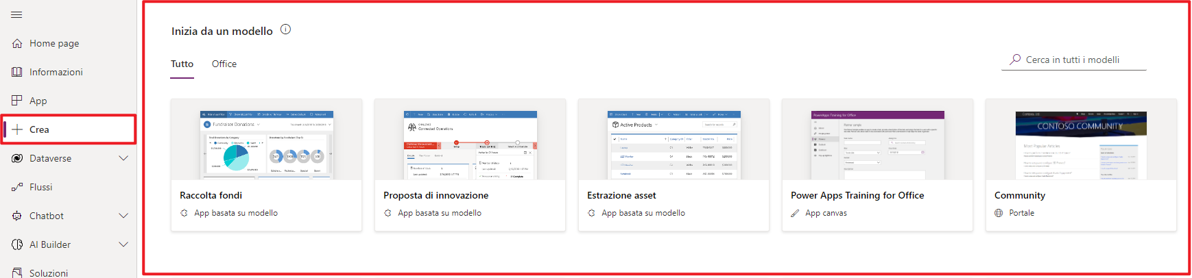 Screenshot del menu Crea in Power Apps che mostra le opzioni Inizia da un modello.
