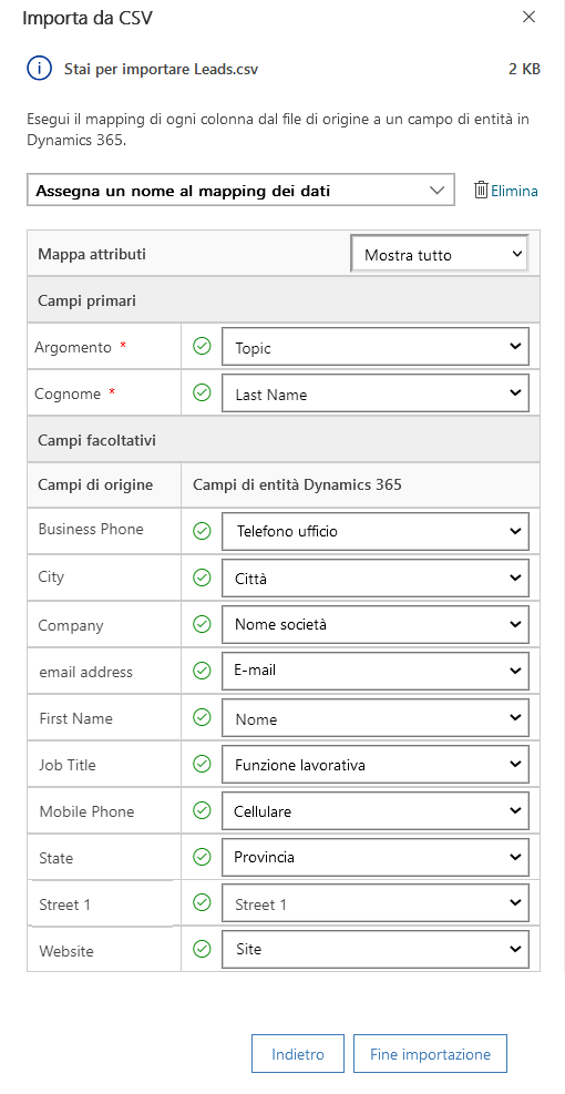 La finestra di dialogo Importa da CSV consente di eseguire il mapping di ogni colonna dal file di origine a una colonna di tabella in Dynamics 365.