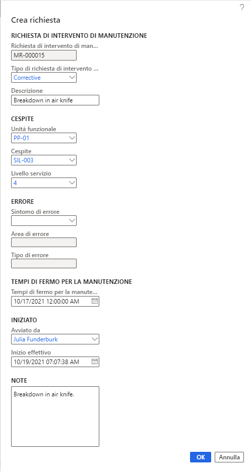 Screenshot della pagina Crea richiesta per una richiesta di intervento di manutenzione.