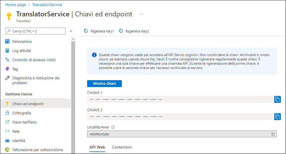 Screenshot della pagina Chiavi ed endpoint di Traduttore.
