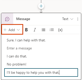 Screenshot di un messaggio con tre variazioni, con il pulsante Aggiungi evidenziato.