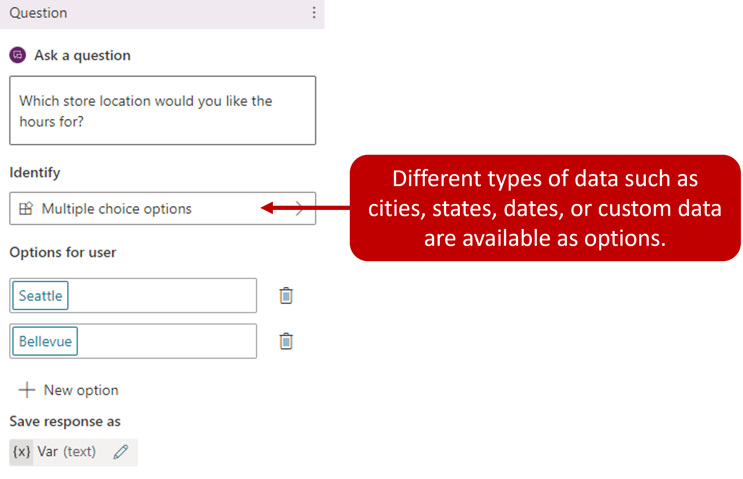 Screenshot del campo Identifica con la nota che sono disponibili come opzioni tipi diversi di dati come città, stati, date o dati personalizzati.