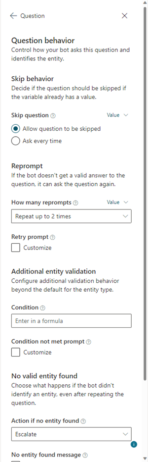 Screenshot del riquadro Comportamento della domanda di Microsoft Copilot Studio.