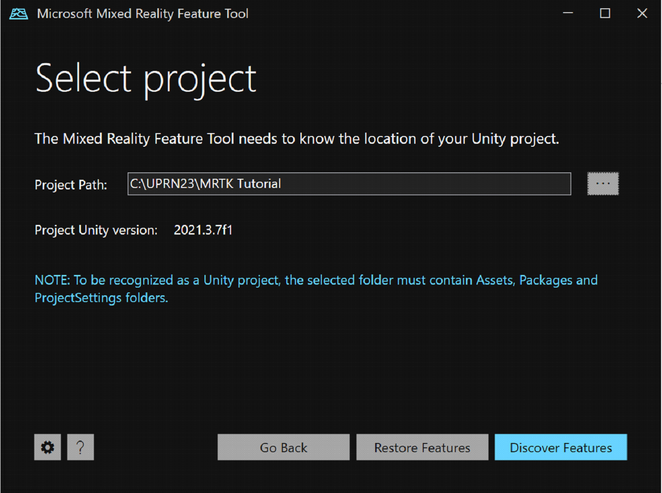 Screenshot of the Mixed Reality feature Tool Project Path screen.
