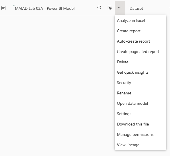 Screenshot del menu Set di dati del servizio Power BI che mostra l'opzione Analizza in Excel.