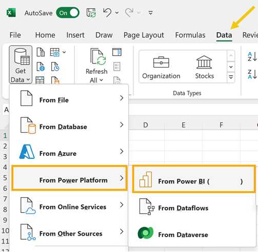 Screenshot del menu Recupera dati con Power BI selezionato.