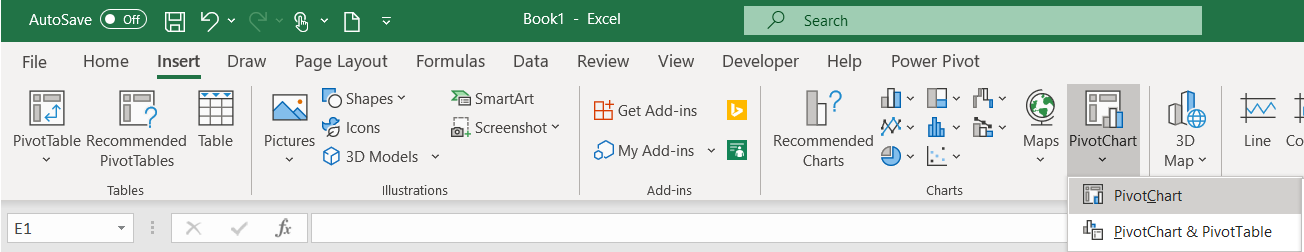 Screenshot della scheda Inserisci nel menu principale con il pulsante Grafico pivot selezionato e l'opzione Grafico pivot.