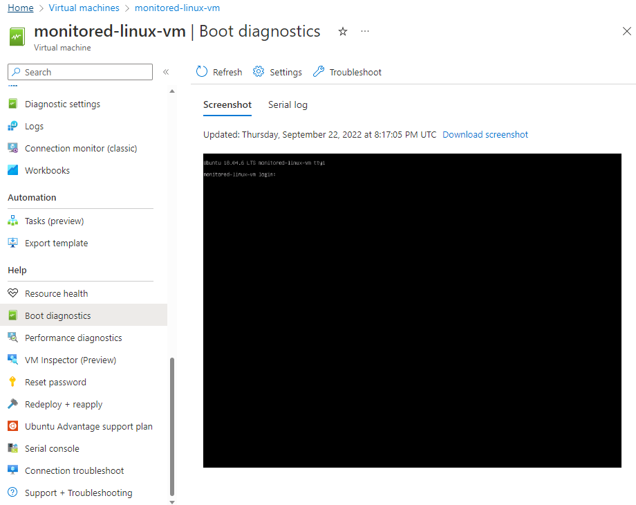 Screenshot che mostra l'immagine di diagnostica di avvio acquisita.