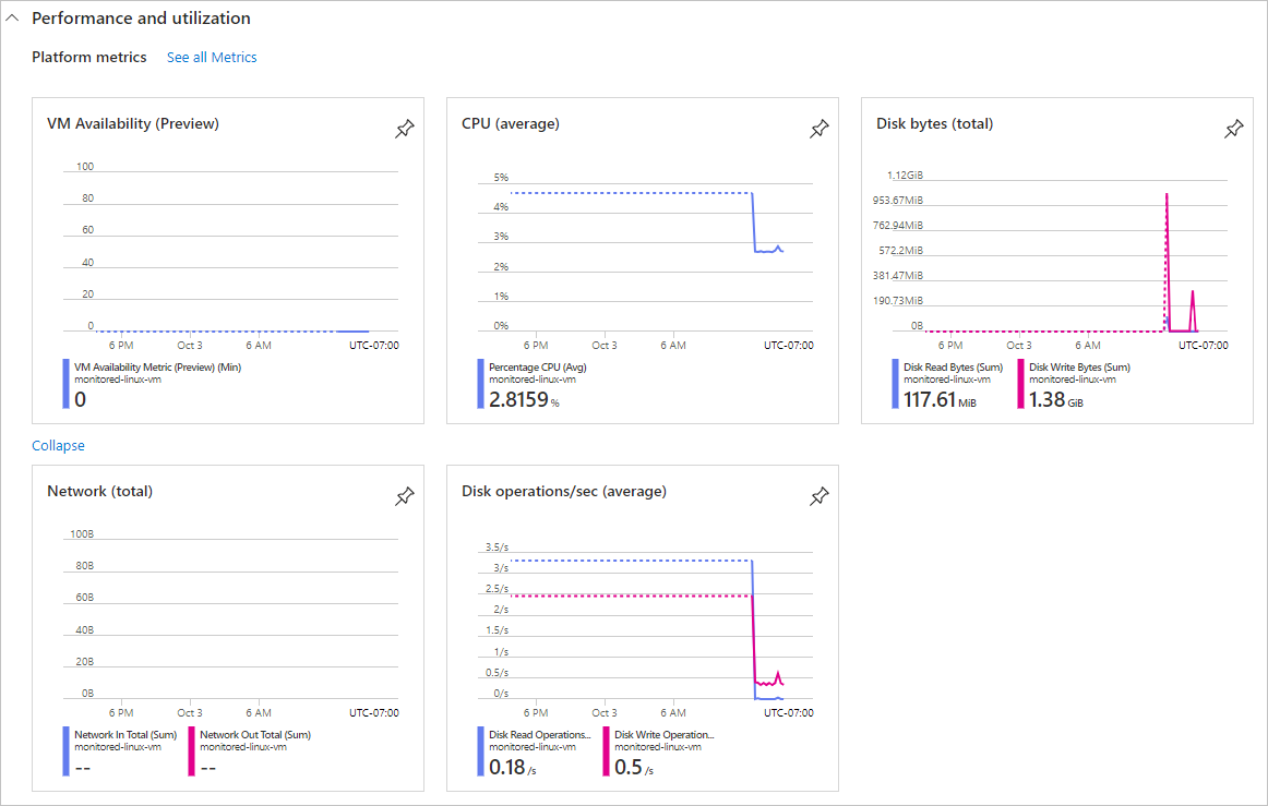 Screenshot che mostra la grafica delle metriche della piattaforma nella pagina Panoramica della macchina virtuale.