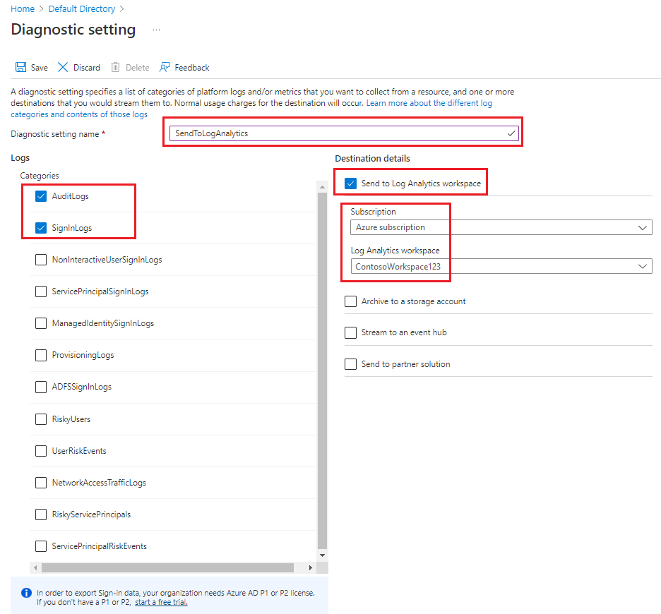 Screenshot that shows the details of a new diagnostic setting.