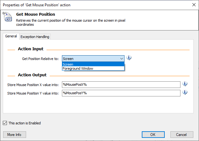 Screenshot of Properties of 'Get Mouse Position' action dialog.