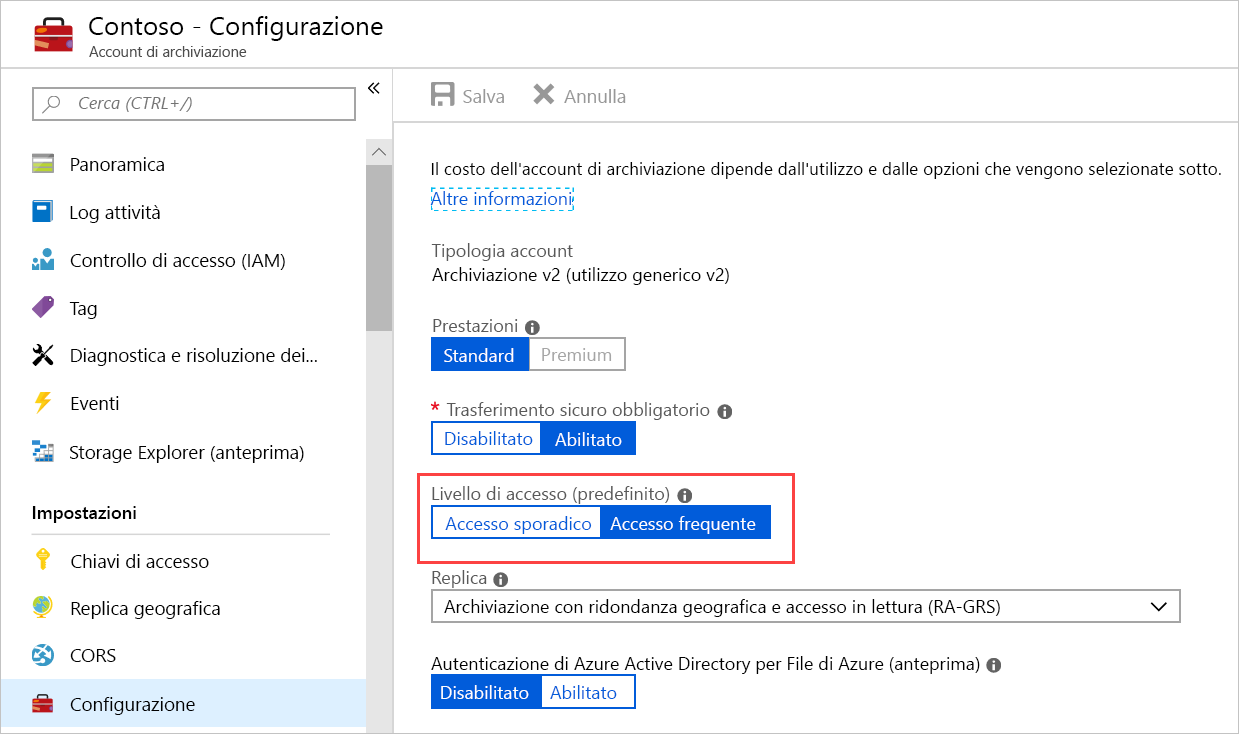 Screenshot del portale di Azure che mostra la configurazione dell'account di archiviazione con il livello di accesso evidenziato, impostato su Frequente.