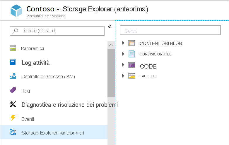 Screenshot dell'account di archiviazione del portale di Azure con il browser di archiviazione selezionato.