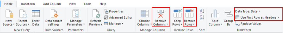 Screenshot delle opzioni della scheda Home dell'editor di query.