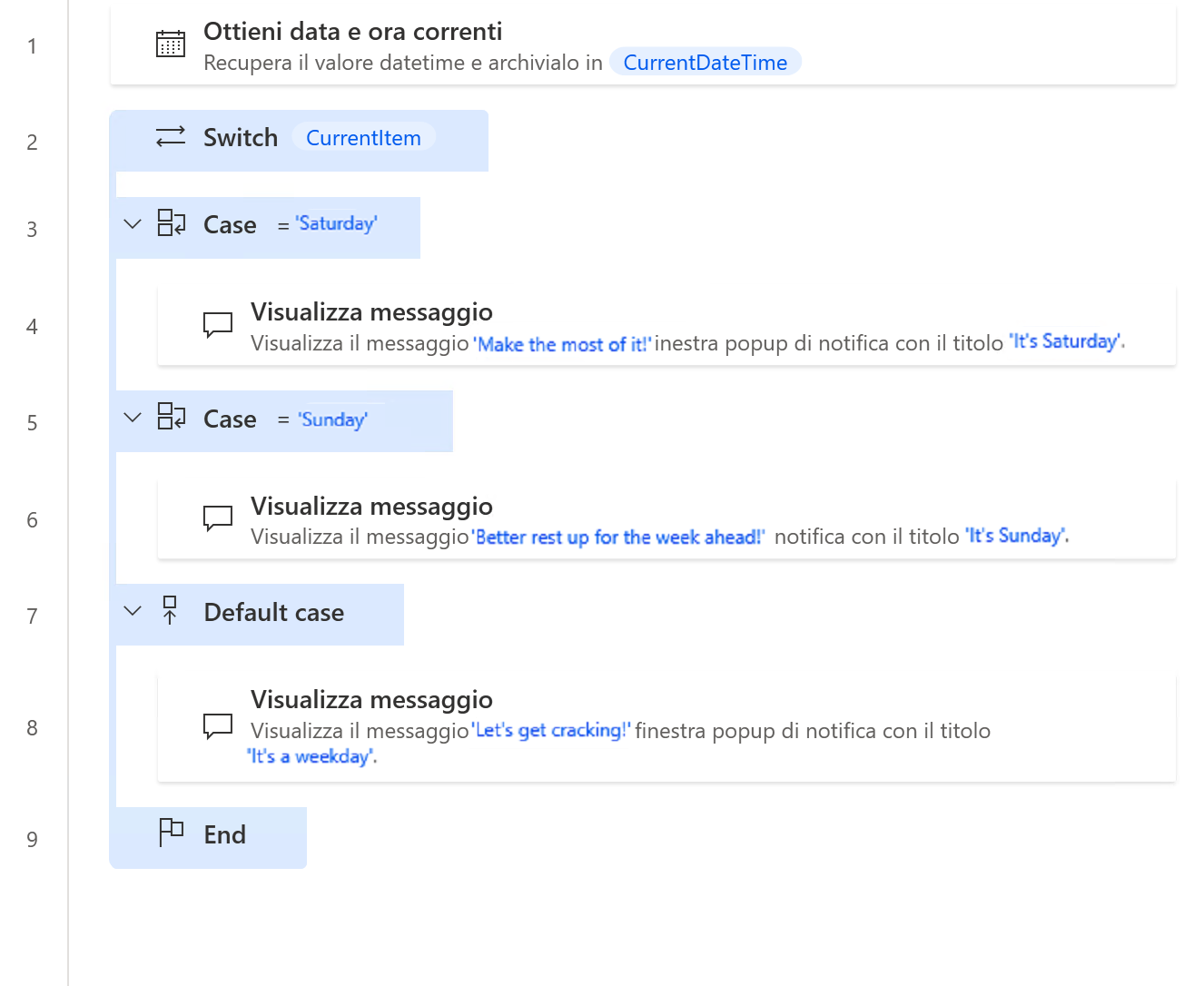 Screenshot di azioni Switch Case e Default case completate.