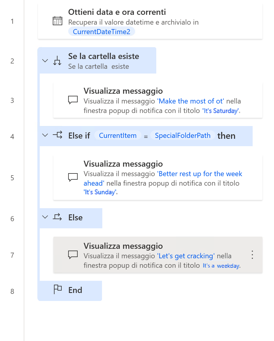 Screenshot della stessa azione con l'aggiunta di un'azione Else.