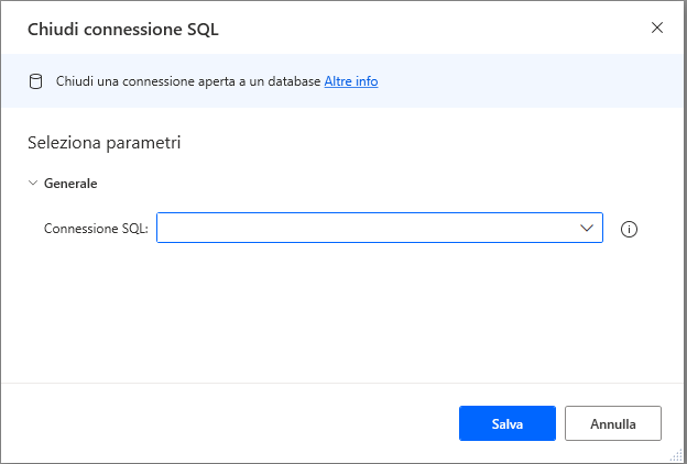 Finestra delle proprietà dell'azione Chiudi connessione SQL