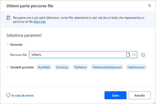 Screenshot della finestra di dialogo delle proprietà dell'azione Ottieni parte percorso file.
