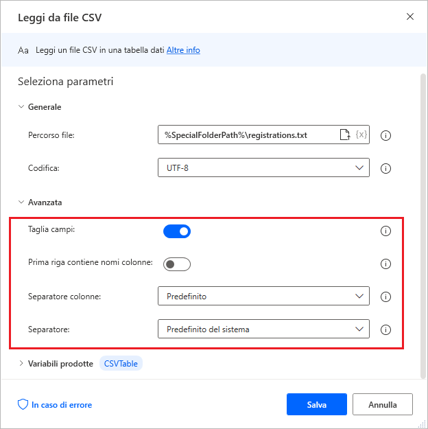 Screenshot della finestra di dialogo delle proprietà dell'azione Leggi da file CSV.