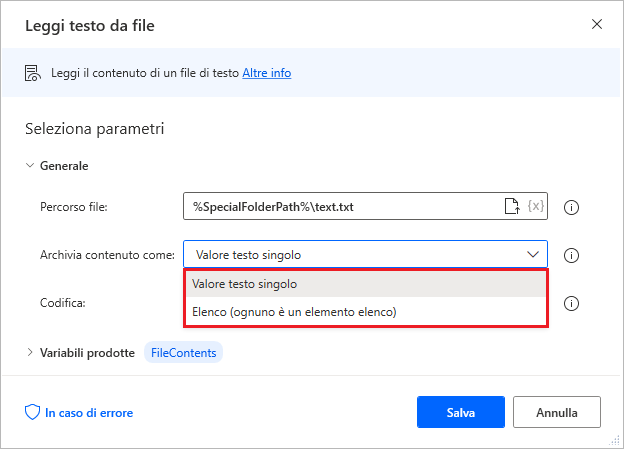 Screenshot della finestra di dialogo delle proprietà dell'azione Leggi testo da file.