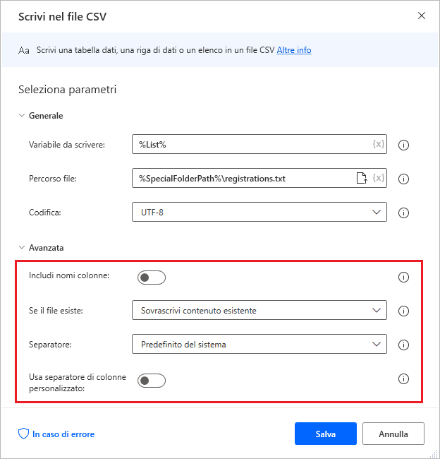 Screenshot della finestra di dialogo delle proprietà dell'azione Scrivi nel file CSV.