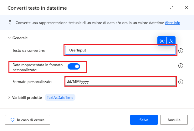 Screenshot dell'azione Converti testo in datetime.