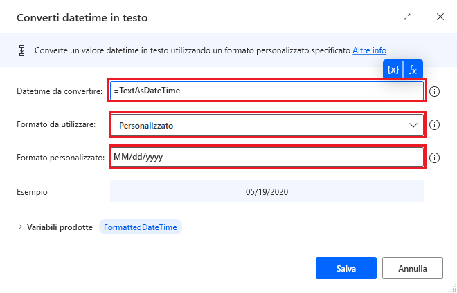 Screenshot dell'azione Converti datetime in testo.