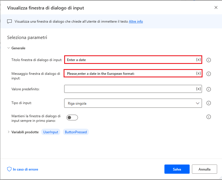 Screenshot dell'azione Visualizza finestra di dialogo di input.