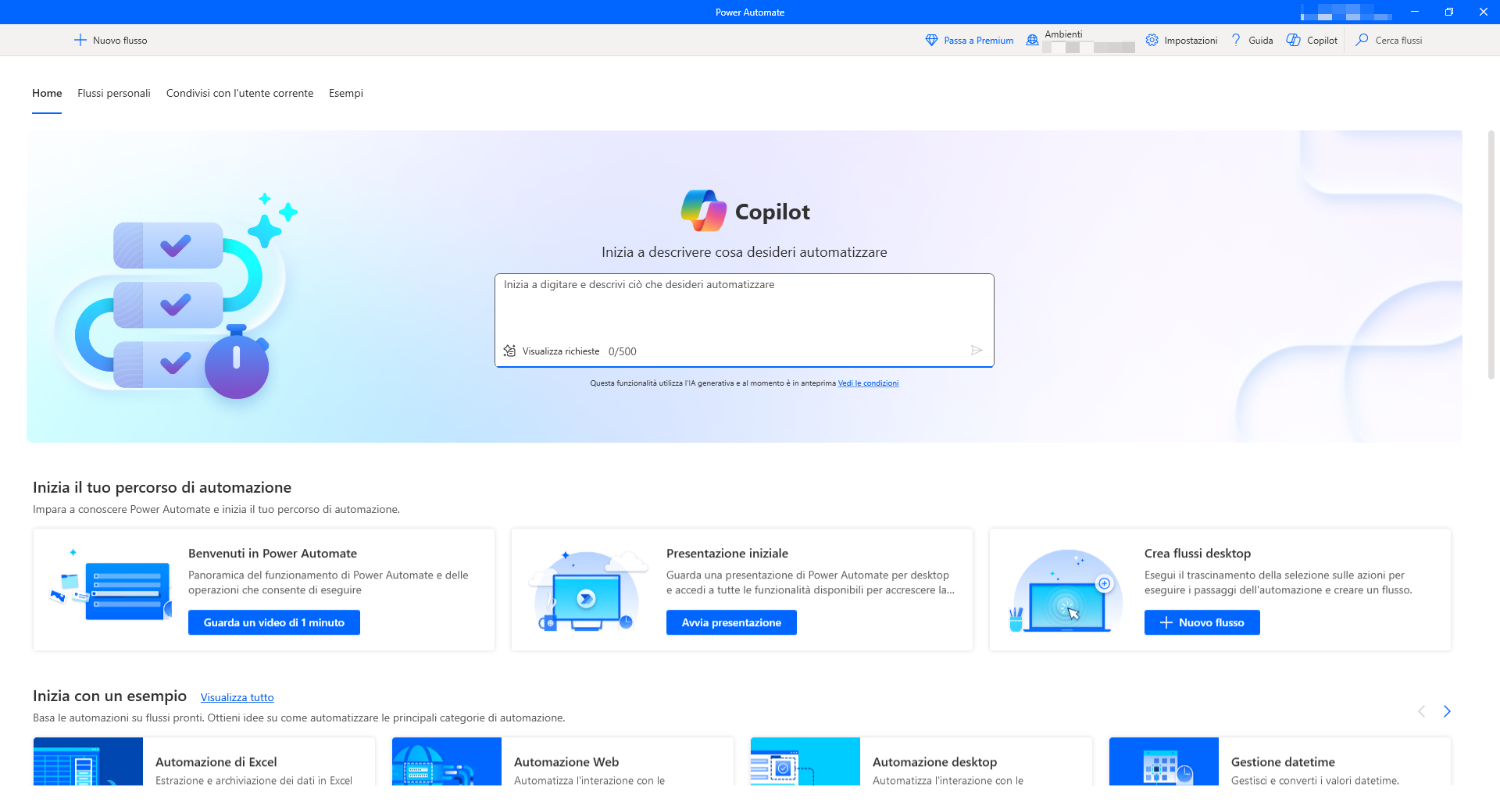 Screenshot della console di Power Automate per desktop.