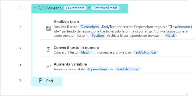 Screenshot dell'area di lavoro dell'esempio del ciclo For Each.