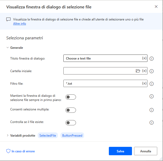Screenshot delle proprietà dell'azione Visualizza finestra di dialogo di selezione file.