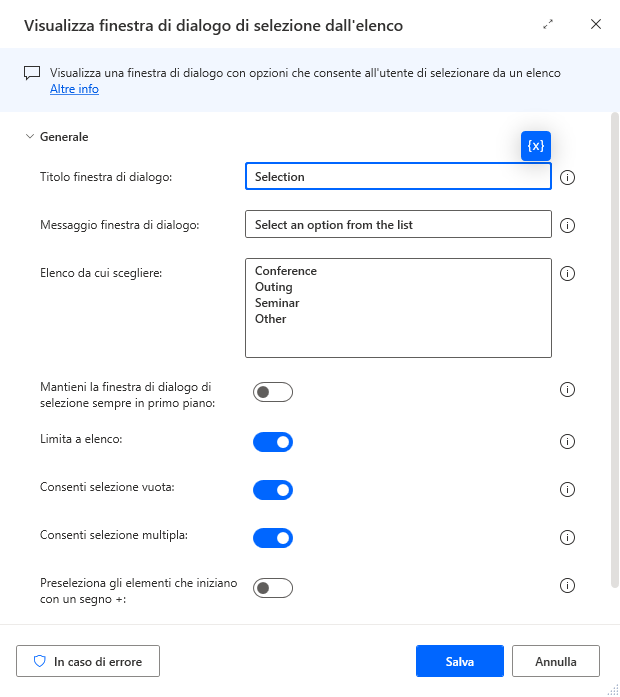 Screenshot di un'azione Visualizza finestra di dialogo di selezione dall'elenco