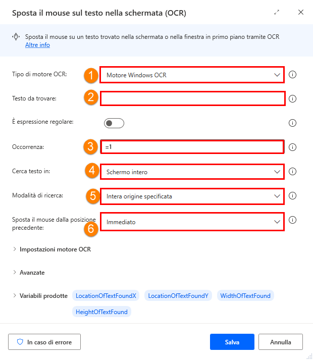 Screenshot dei campi per spostare il mouse sul testo nella schermata.