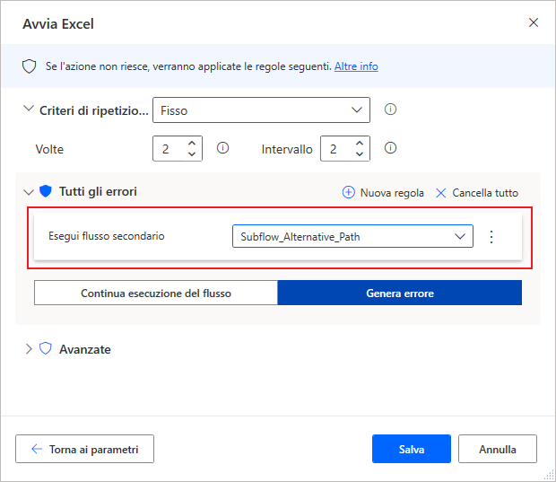 Screenshot della gestione delle eccezioni delle proprietà dell'azione Avvia Excel con percorso alternativo aggiunto.
