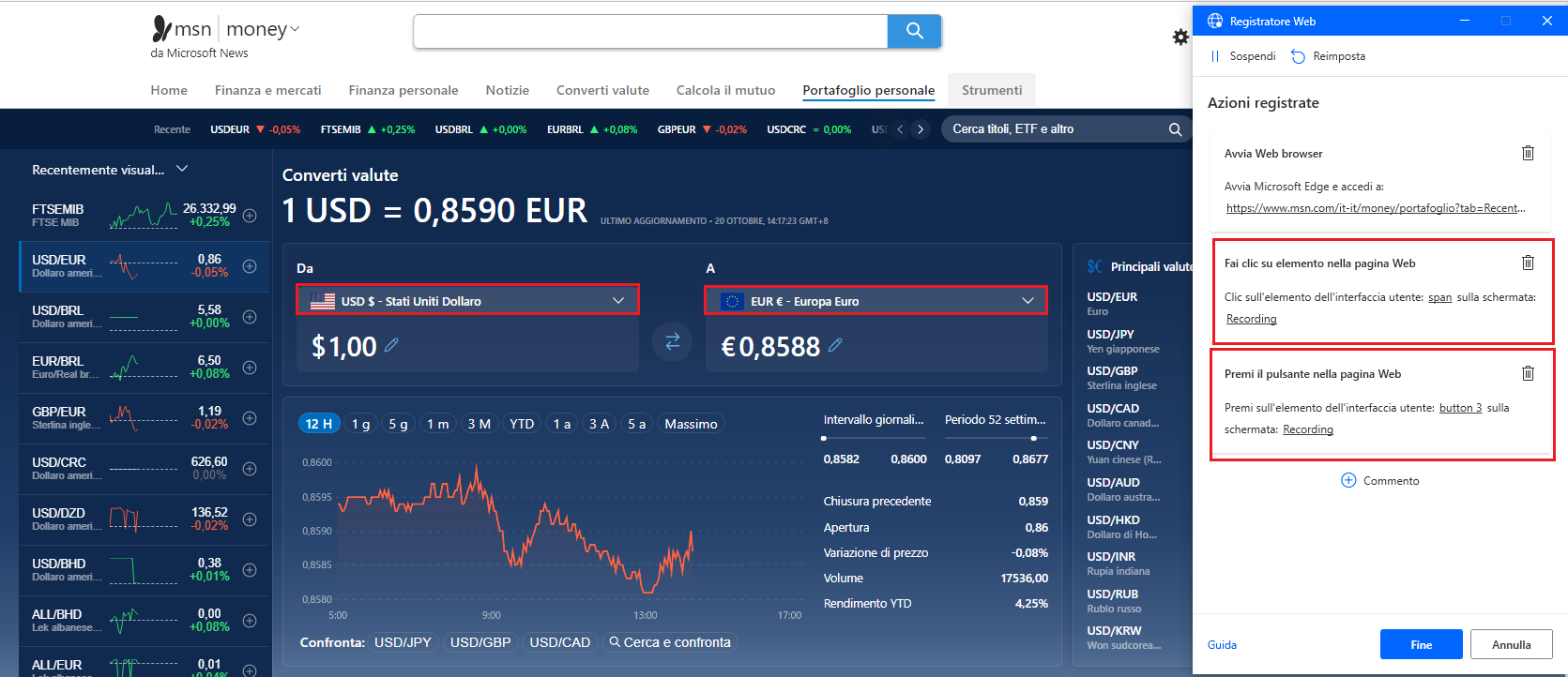 Screenshot dei menu a discesa relativi alla valuta nella pagina del convertitore di valuta MSN.