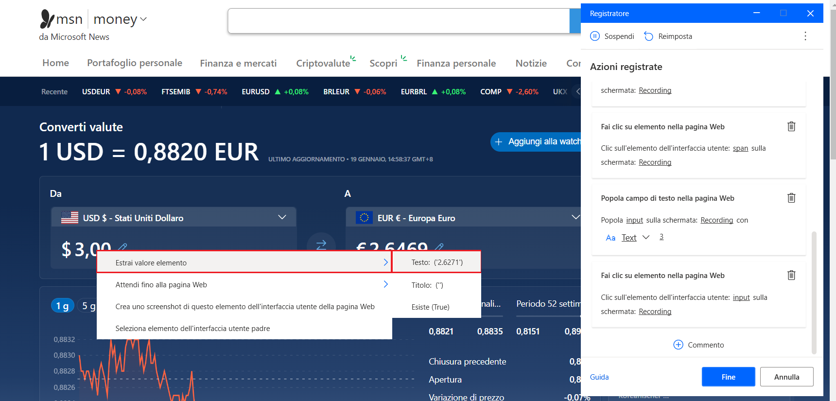 Screenshot dell'opzione per estrarre il valore in euro convertito dalla pagina del convertitore di valuta MSN.
