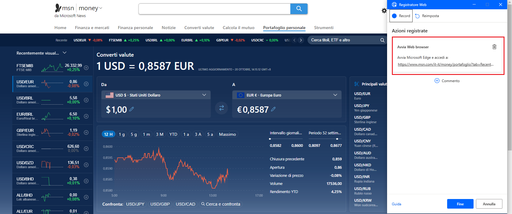 Screenshot della pagina del convertitore di valuta MSN.