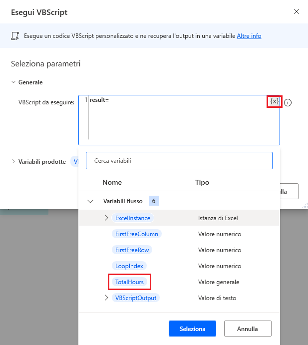 Screenshot dell'azione Esegui VBScript di Power Automate per desktop.
