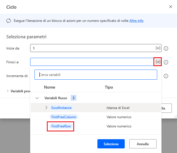 Screenshot della variabile per la prima riga libera.