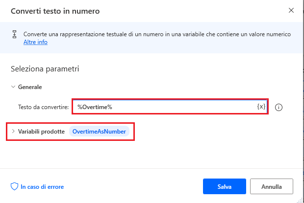 Screenshot dell'azione Converti testo in numero di Power Automate per desktop.