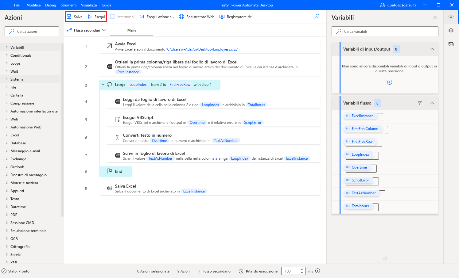 Screenshot del flusso finale di Power Automate per desktop e del pulsante Salva ed esegui.