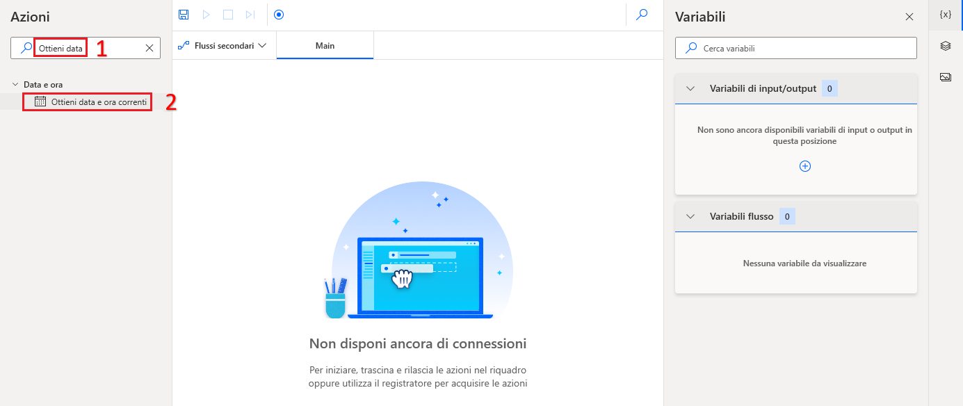 Screenshot dell'azione Ottieni data e ora correnti di Power Automate per desktop.