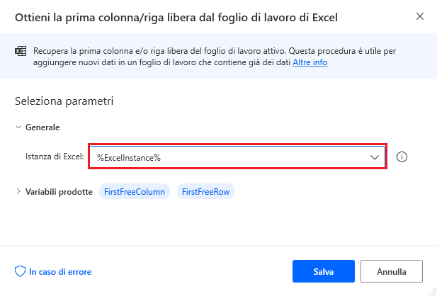 Screenshot dell'azione Ottieni la prima colonna/riga libera dal foglio di lavoro di Excel di Power Automate per desktop.