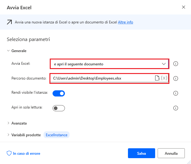 Screenshot dell'azione Avvia Excel di Power Automate per desktop.