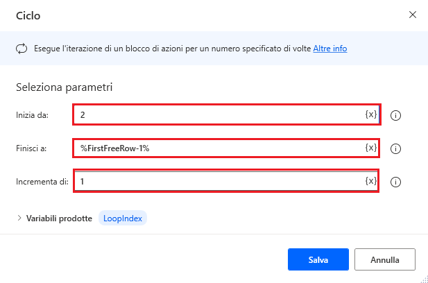 Screenshot dell'azione Ciclo di Power Automate per desktop.