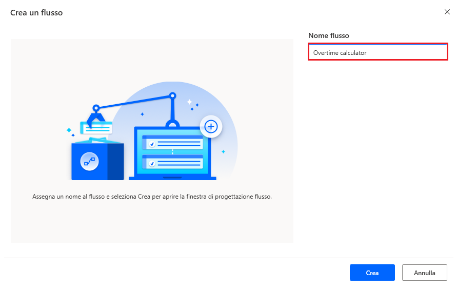 Screenshot della finestra di dialogo Crea un flusso di Power Automate per desktop.