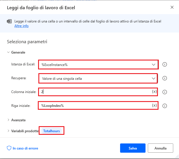 Screenshot dell'azione Leggi da foglio di lavoro di Excel di Power Automate per desktop.
