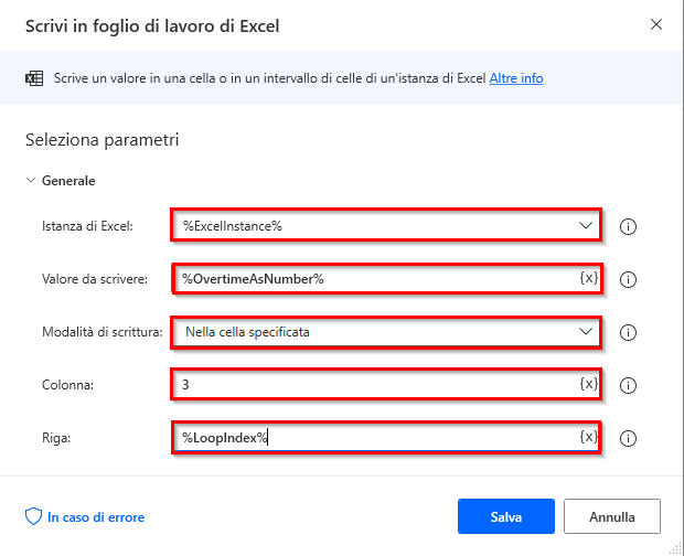 Screenshot dell'azione Scrivi in foglio di lavoro di Excel di Power Automate per desktop.