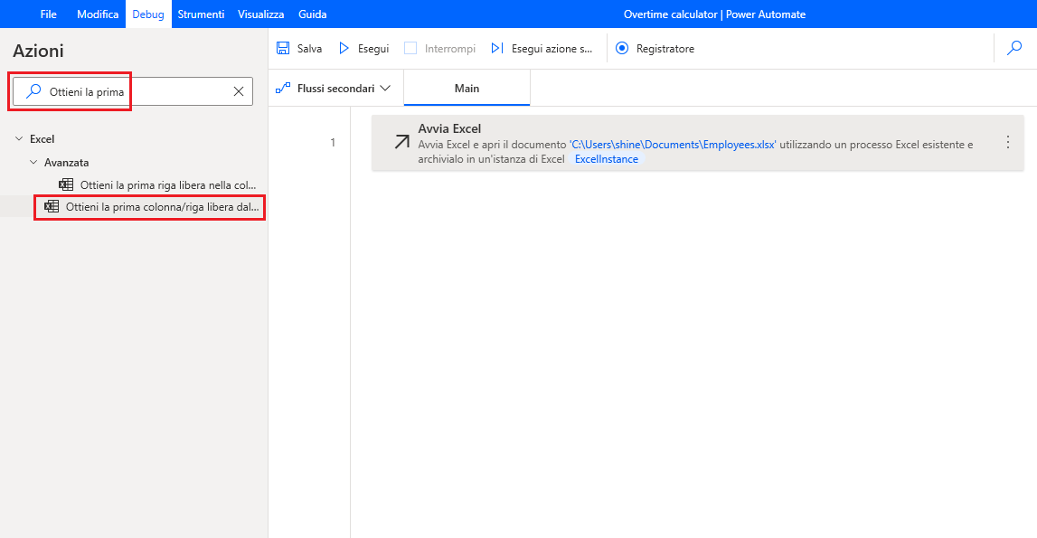 Screenshot della ricerca Ottieni la prima nelle azioni di Power Automate per desktop.